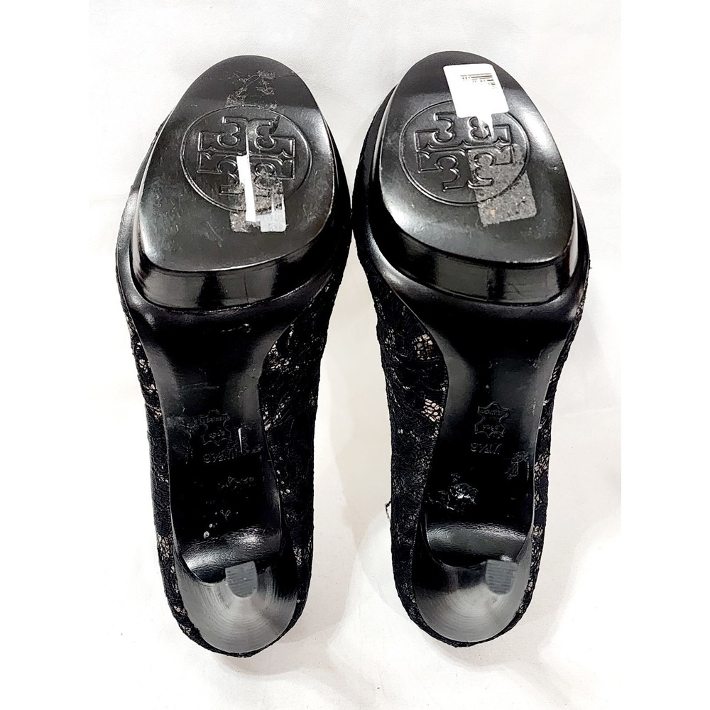 Tory Burch BLACK FABRIC LACE Mesh Silver Leather Stiletto Heel Pump High 9.5 New - Picture 11 of 16